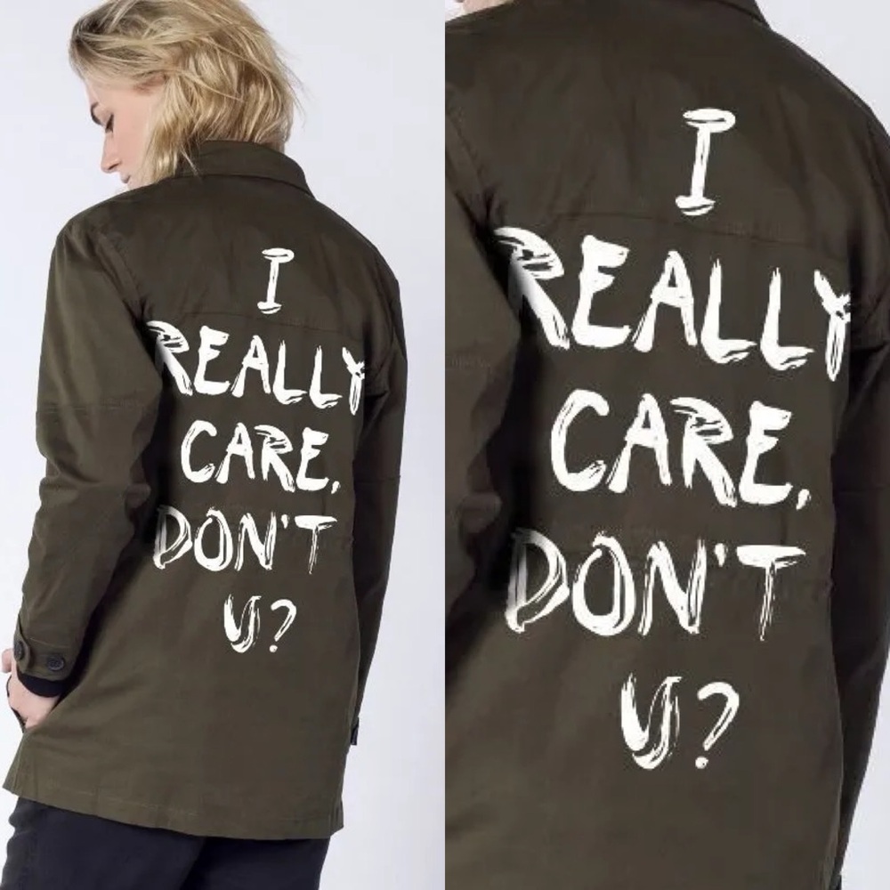 Wildfang "I Really Care, Don't U?" Olive Green Parka Utility Jacket Size Medium